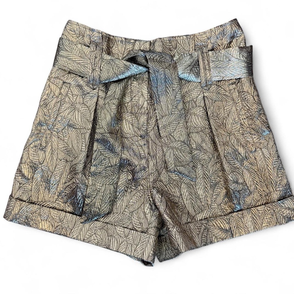 Sezane Gold Metallic Leaf Print Party Shorts